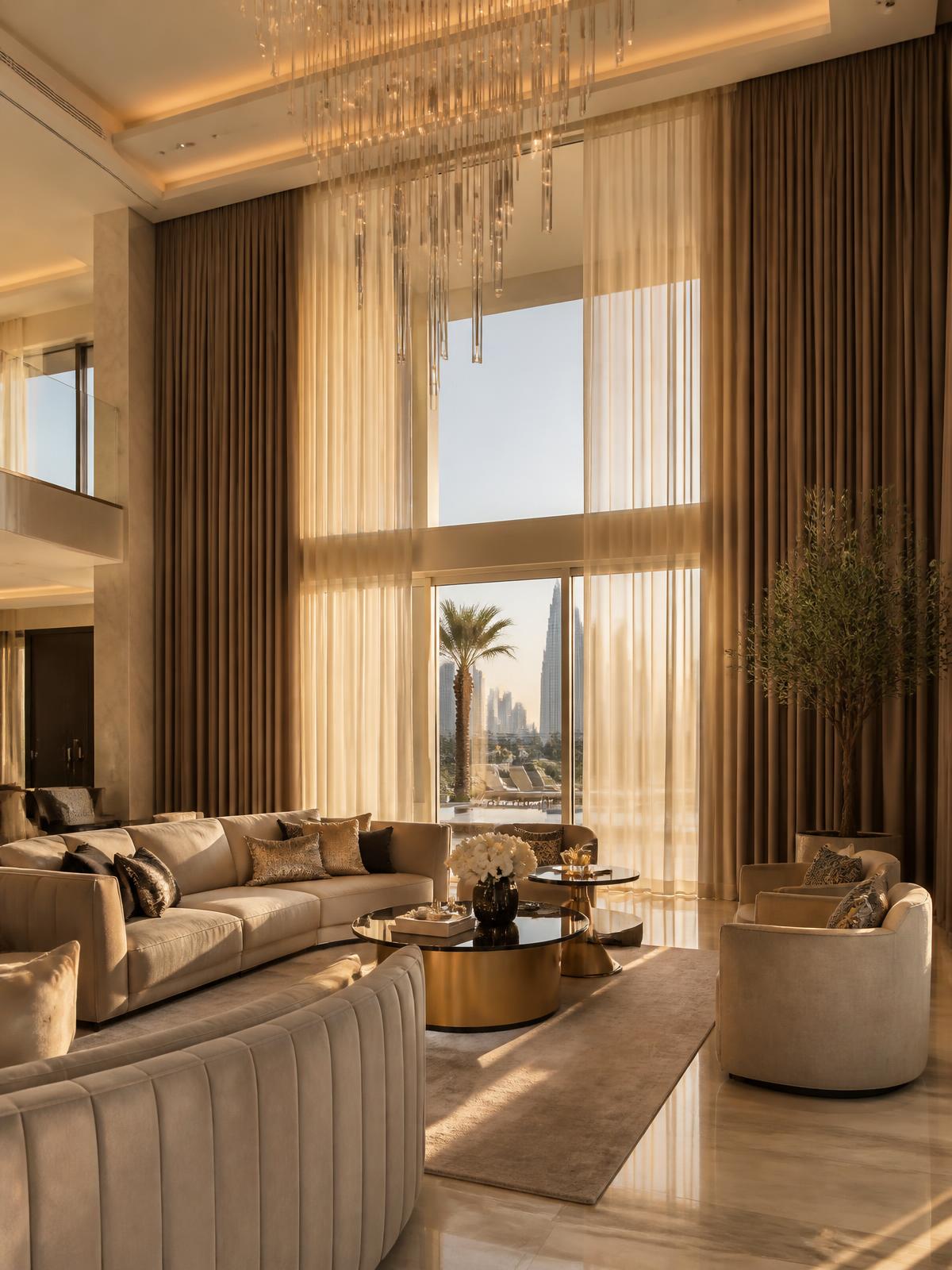 Luxury UAE villa living room with layered sheer and blackout curtains